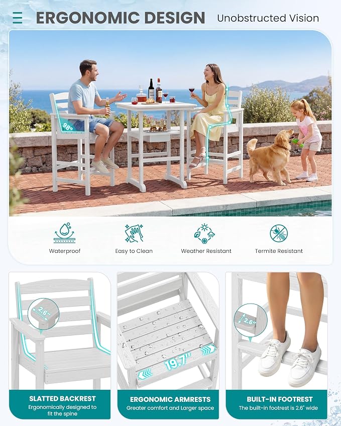 SERWALL Adirondack Bar Chairs and Table 5 Pieces Set with Umbrella, HDPE Bar Height Chairs Set of 2 and Bar Table with Ice Bucket, Outdoor Bar Stools Set for Balcony, Poolside, Backyard, White