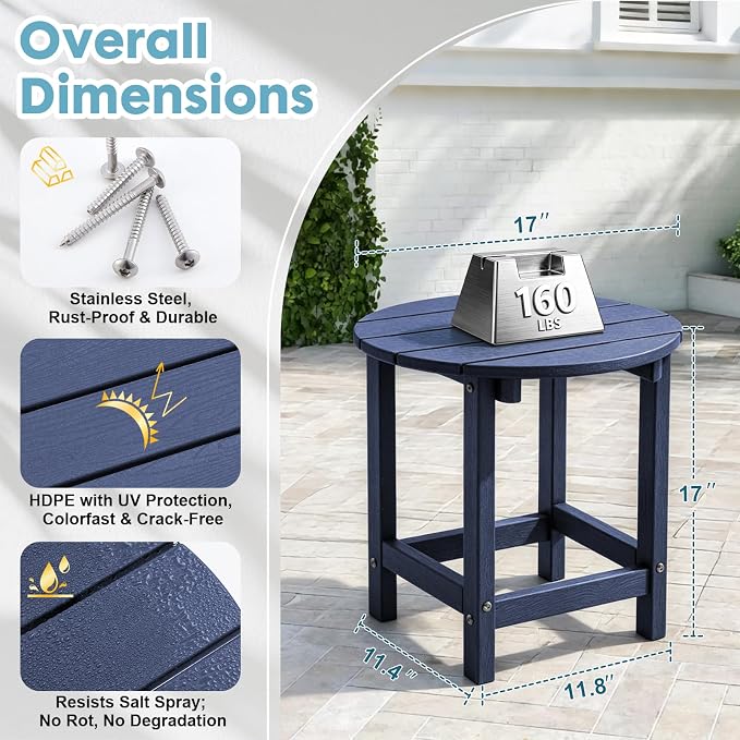 Outdoor Side Table, Adirondack Round 17" Patio Table, Easy Maintenance & Weather Resistant, HDPE End Table for Backyard, Pool, Patio, Porch, Navy Blue