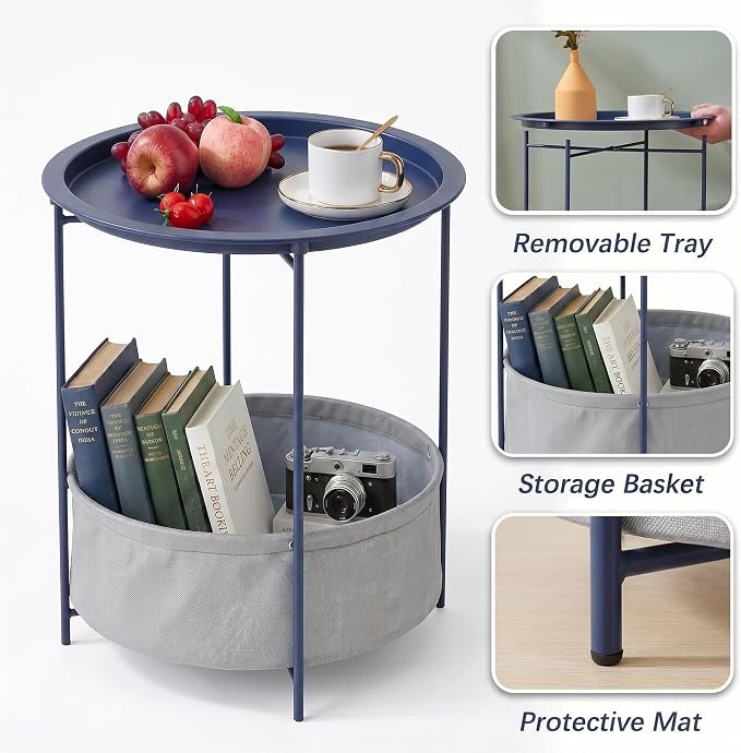 VECELO Round Side/End Table with Fabric Storage Basket，Metal Anti-Rust and Waterproof Small Bedside Nightstand with Removable Tray Top for Living Room，Balcony & Laundry，Blue /1pcs with Basket