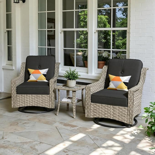 3 Piece Patio Furniture Set, Outdoor High Back Swivel Rocker Chairs Set of 2 with Side Table, All Weather Wicker Glider Chair with Thick Cushions for Backyard Balcony Porch, Black