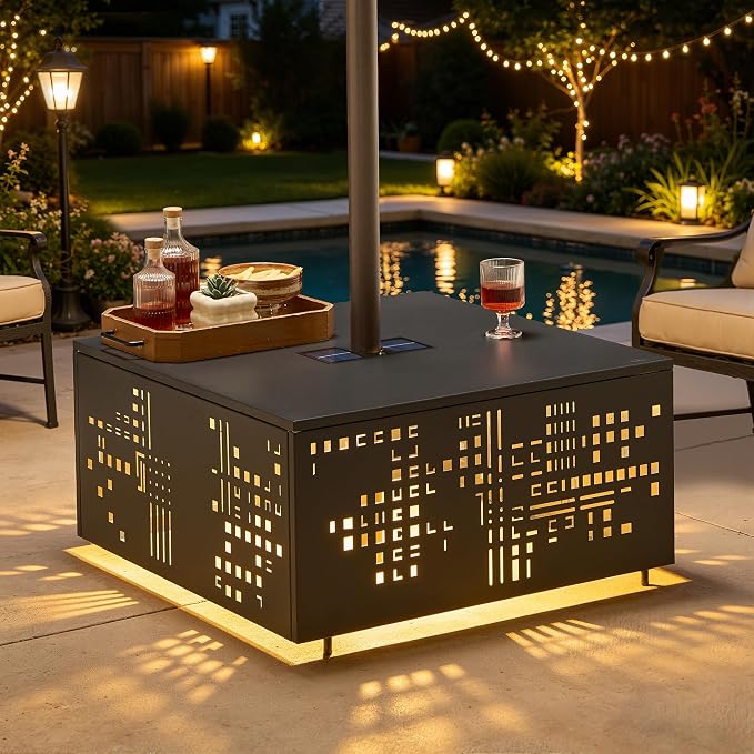 HOOOWOOO Outdoor Patio Solar Table with Umbrella Hole,Metal Coffee Side End Table,Umbrella Table with 2" Hole for Yard,Deck,Porch,Garden(Square Black)