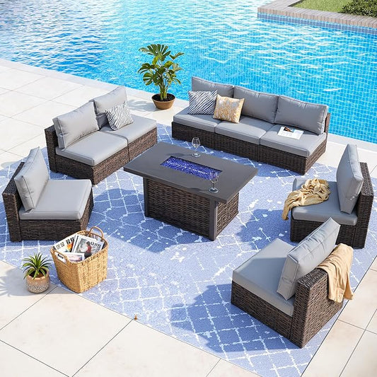 9 Piece Patio Furniture Set with 42" Fire Pit Table, Outdoor Wicker Rattan Sectional Sofa Set, Patio Conversation Set with Thickened Cushions (Grey)