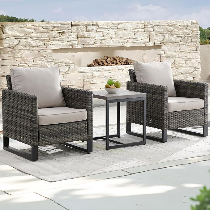 Luxury Wicker Outdoor Patio Chairs Set - 3 Piece Rattan Patio Furniture Bistro Chairs Set with Waterproof Wicker,Comfortable Cushions and Sturdy Metal Frame for Porch Deck Backyard(Mixed Grey/Beige)