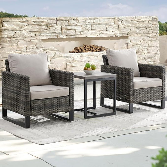 Luxury Wicker Outdoor Patio Chairs Set - 3 Piece Rattan Patio Furniture Bistro Chairs Set with Waterproof Wicker,Comfortable Cushions and Sturdy Metal Frame for Porch Deck Backyard(Mixed Grey/Beige)