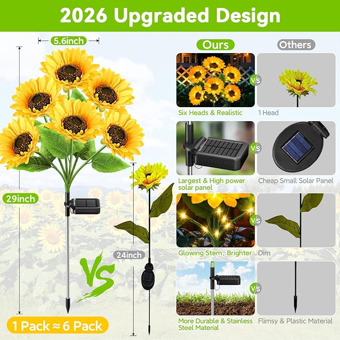 6 Pack Solar Sunflower Lights Outdoor, 36 Bright Flowers for Garden Decor | Sunflowers Decor, Lifelike Solar Flower Lights Waterproof for Garden, Flower Beds, Yards, Patios, Gift for Women Mom Grandma