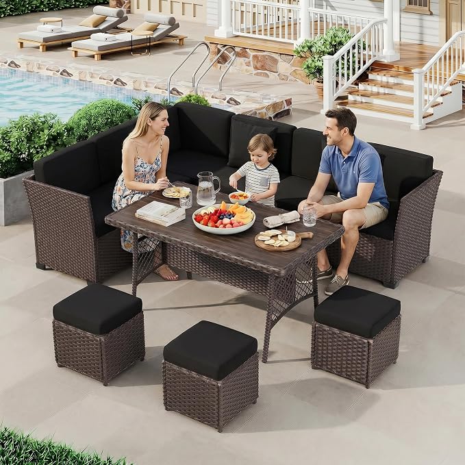 LOUVIXA 7 Pieces Patio Furniture Set, Outdoor Patio Furniture, Wicker Conversation Set with Dining Table, Chairs and Ottoman