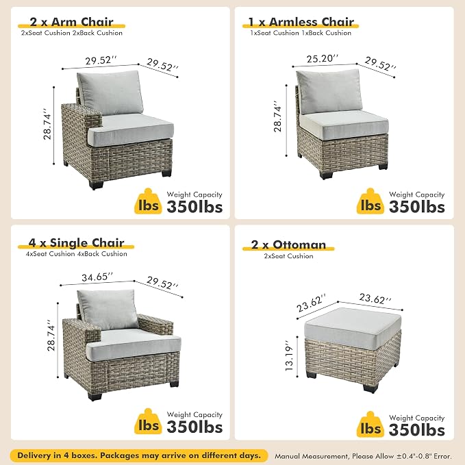 9 Pcs Outdoor Sectional Patio Furniture Set with Ottomans - All Weather Wicker Modular Outside Sectional Couch,Patio Seating Outdoor Conversation Sets for Deck Yard Garden,Grey