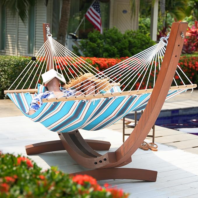 Lazy Daze Hammocks Sunbrella Fabric Hammock with 13FT Wood Arc Stand, 2 Person Outdoor Hammock Combo with Free Pillow, All Weather & Fade Resistant, for Patio Yard, 450 lbs Capacity, Token Surfside