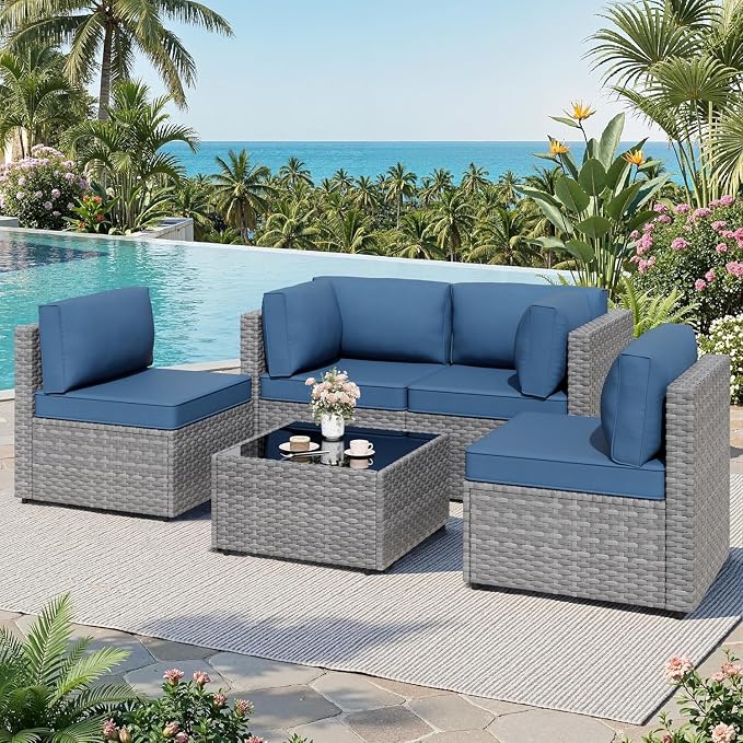 5 Piece Wicker Outdoor Conversation Set Blue Sectional Sofa with Thick Cushions Outdoor Patio Furniture Sets for Backyard Poolside Garden