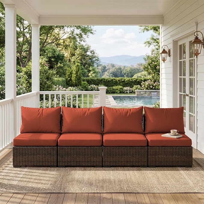 4 Pieces Patio Furniture Set, Outdoor PE Rattan Sectional Sofa with Soft Cushions for Backyard, Porch, and Poolside (Red, 4 PCS)