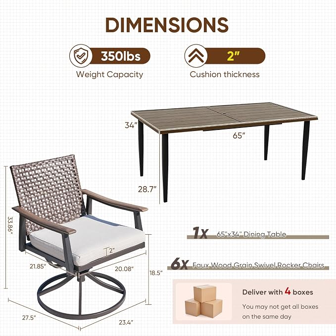 NATURAL EXPRESSIONS 7 Piece Patio Dining Set for 6 Outdoor Furniture Set,6 Pcs Outdoor Rattan Wicker Swivel Chairs with Woodgrain Armrest, 65" Large Dining Table with 1.65'' Umbrella Hole for Garden