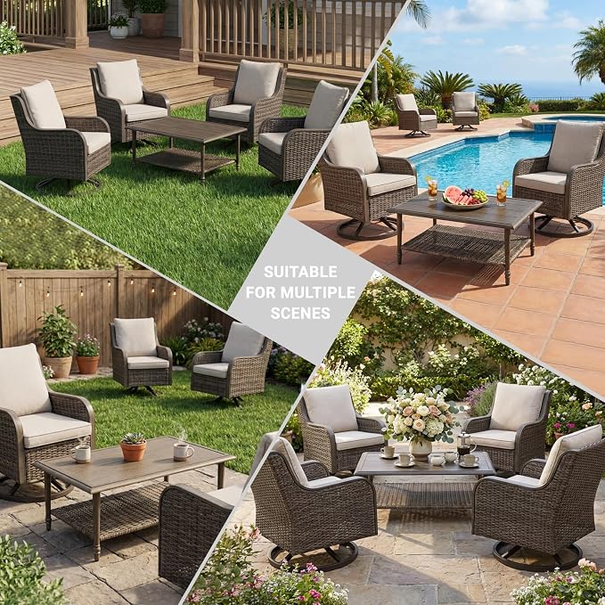5 Piece Wicker Patio Furniture Set, Outdoor Conversation Set with Deep Seating Swivel Chairs Set of 4 and Rattan Coffee Table, Outdoor Furniture Set for Porch Balcony Garden Poolside (Brown/Beige)
