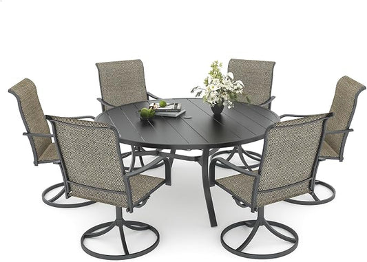 Anmutig 7-Piece Outdoor Dining Set, 54" Round Table with 6 Swivel Chairs All Weather Furniture Set for Lawn Garden, Light Tan