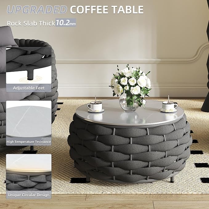 TWT Aluminum Outdoor Patio Furniture Set, 4 Pcs Textilene Armchairs Modern Outdoor Conversation Set Outdoor Single Sofa with Upgrade Cushion and Coffee Table for Balcony, Dark Grey