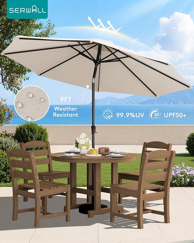 SERWALL 6-Piece Patio Dining Sets, HDPE Outdoor Table and Chairs Furniture Set with Umbrella, 45" Round Dining Table & 4 Armless Dining Chairs & 1 9FT Umbrella, Brown(Not Include Umbrella Base)