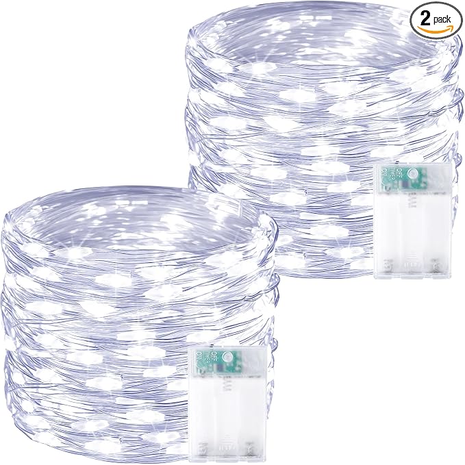 2 Pack 60 LED Fairy Lights Battery Operated with Timer, 20 FT Cool White | Cuttable Copper Wire, Waterproof Battery String Lights for Indoor Outdoor, Wedding, Bedroom, Home, DIY, Christmas Decorations