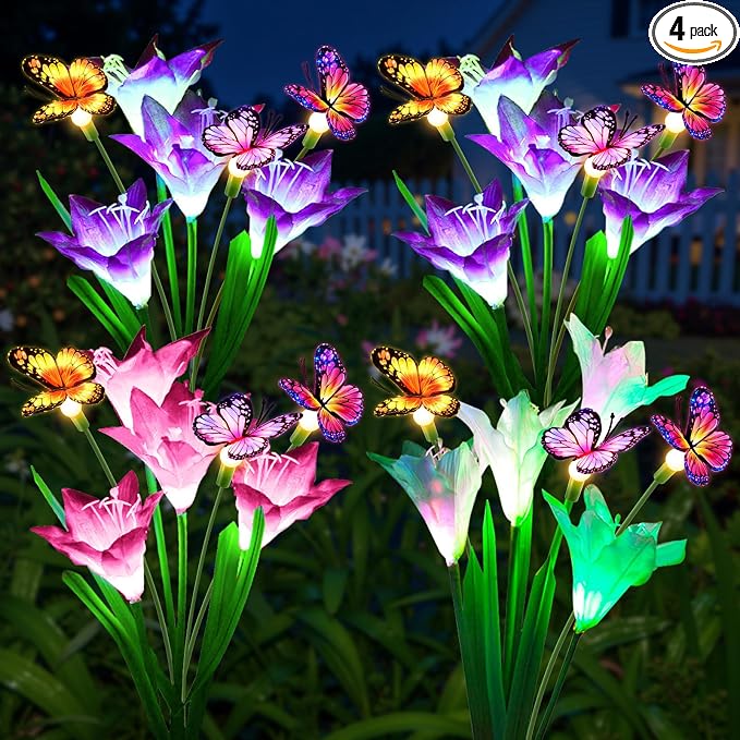 KOOPER Solar Lights Outdoor Garden Decor 4 Pack, 16 Lily Flowers and 12 Swaying Butterflies, IP65 Waterproof 7 Color Changing Solar Flower Lights for Yard Patio Pathway, Gifts for Mom Women Grandma