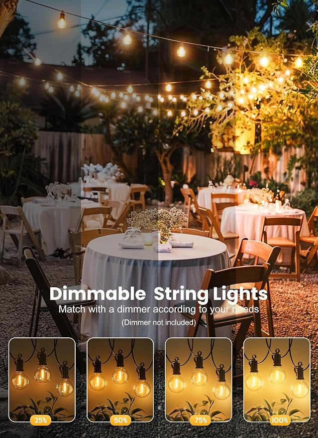 Outdoor String Lights, 25FT 12+1 G40 Bulbs Shatterproof Patio Lights | IP65 Waterproof Dimmable Hanging Connectable Globe LED Outdoor Lights for Backyard, Bistro, Porch, Deck, Balcony