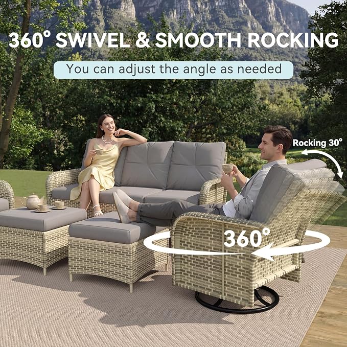 LazySunsets 9-Piece Outdoor Patio Furniture Set with Coffee Table, Wicker Rattan Outdoor Furniture with High Back Swivel Rocker Chairs, Outdoor Conversation Sets with Thick Cushions & Ottoman, Grey