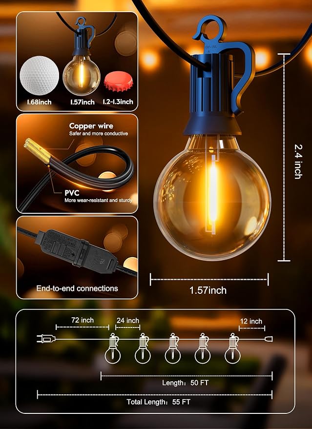 Outdoor String Lights, 55(50+5) FT 25 Bulbs IP65 Waterproof Patio Lights | Shatterproof Dimmable Hanging Connectable G40 Globe LED Outdoor Lights for Christmas, Backyard, Bistro, Porch