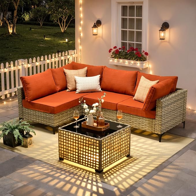 5 Piece Outdoor Sectional Patio Furniture Set with Solar Lighted Coffee Table, Modular Wicker Conversation Set with Flexible L-Shaped Layout for Porch Balcony Backyard, Orange