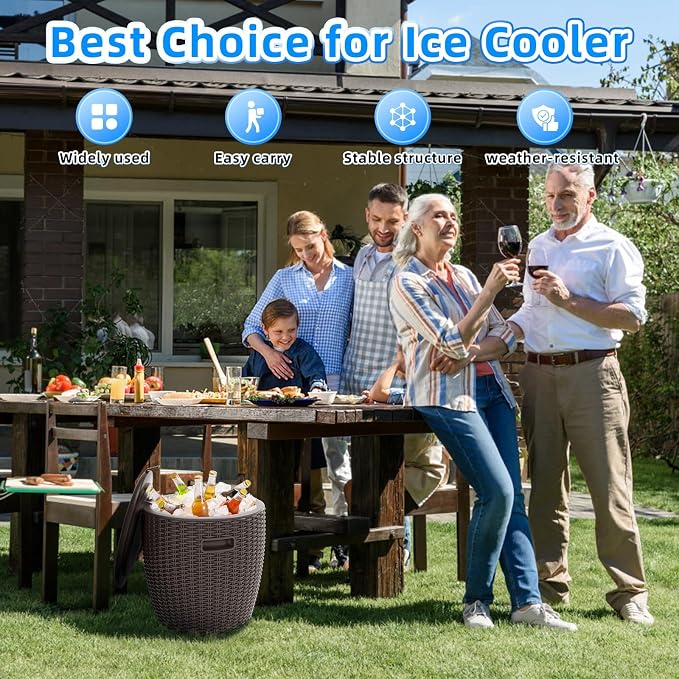 Outdoor Ice Cooler Side Table 9.5 Gallon Grey, Rattan Pattern Round Portable Ice Chest with Built-in Handle, Top Lid Side Handles Drainage Plug Bar Table for Patio Decor, Pool, Party