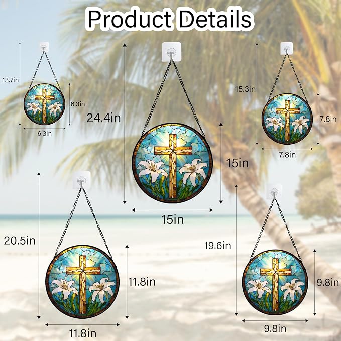 DASTOLL Christian Gifts for Women - Cross Stained Glass Window Hanging Jesus Easter White Lily Flower Sun Catcher Garden Religion Decor Mother's Day Catholic Gift for Men Grandma Mom Her Nana 15"