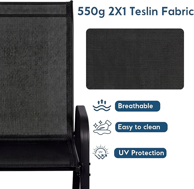 Arlopu 7-Piece Outdoor Table and Chairs for 6, Outdoor Dining Set W/Rectangle Glass Table and 6 Patio Textilene Stackable Chairs, Patio Furniture Set W/Umbrella Hole (Black Table & Black Chair)