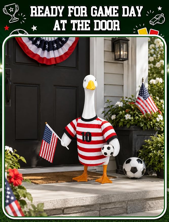 ROSSNY USA Soccer Porch Goose Outfit for 23 in Goose Statue | One-Piece Easy Dress Design, Summer Sports Fan Jersey Goose Clothes, Game Day Decor for Patio Yard Lawn