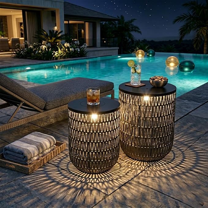 HMVPL Solar Patio Side Table Set of 2 with Dimmable Light, Round Outdoor Side Table for Patio, Outdoor End Accent Tables, Plastic Rattan Outside End Table for Poolside Backyard Gazebo, Dusk to Dawn