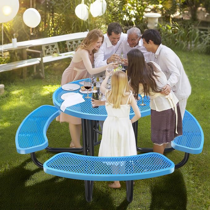 46IN Round Outdoor Picnic Table with Attached Seats, Heavy-Duty Metal Expanded Mesh Patio Table, 1600LBS Load Capacity Commercial-Grade Table for Park, Backyard, Deck, Blue