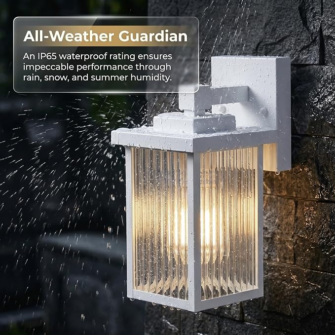 2 Pack White Porch Light, Rust-Resistant Outdoor Wall Light | Corrosion-Resistant Metal, Textured Glass Cuts Glare, Easy DIY Install on Porch, Garage