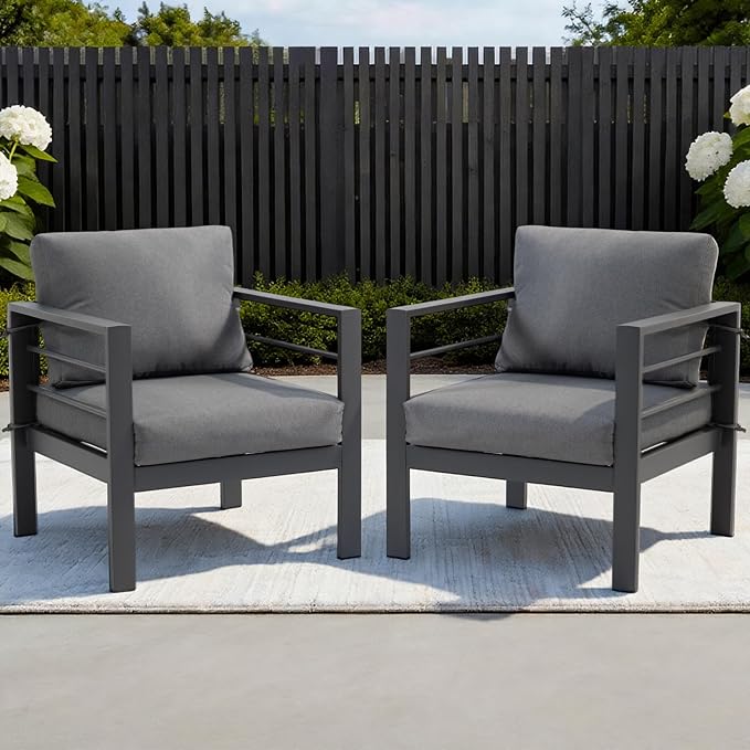 4-Piece All-Weather Metal Patio Furniture Set, Sectional Conversation Sofa w/Coffee Table, Heavy Duty Steel Frame & Washable Cushions for Backyard Garden (Grey, Armchair)
