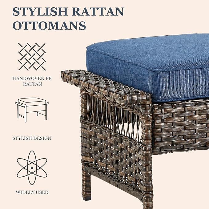 Patio Furniture Set 2 Wicker Swivel Glider Chairs 2 PE Rattan Ottomans with Patio PE Rattan Sofa Brown Wicker Blue Cushions Patio Conversation Set 5pcs for Garden Balcony Backyard