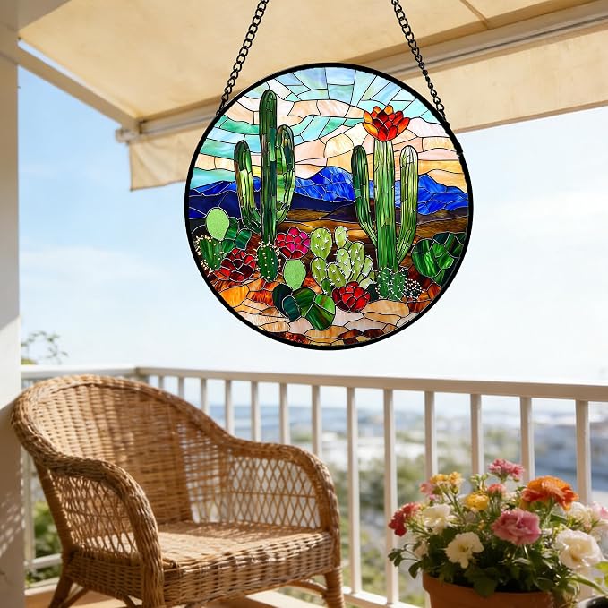 DASTOLL Stained Glass Window Hanging, Green Cactus Suncatcher for Doors Window Home Plant Landscape Sun Catchers Decoration Mother's Day Birthday Gifts for Women, Men, and Mom 7.8 in