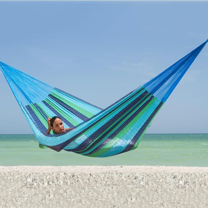 NOVICA Artisan Ocean Dreams Cotton Hammock, Handmade Fair Trade Mexican Striped Mayan Double, Blue Green Scuba, Bed 78in L x 78in W Total 158in L