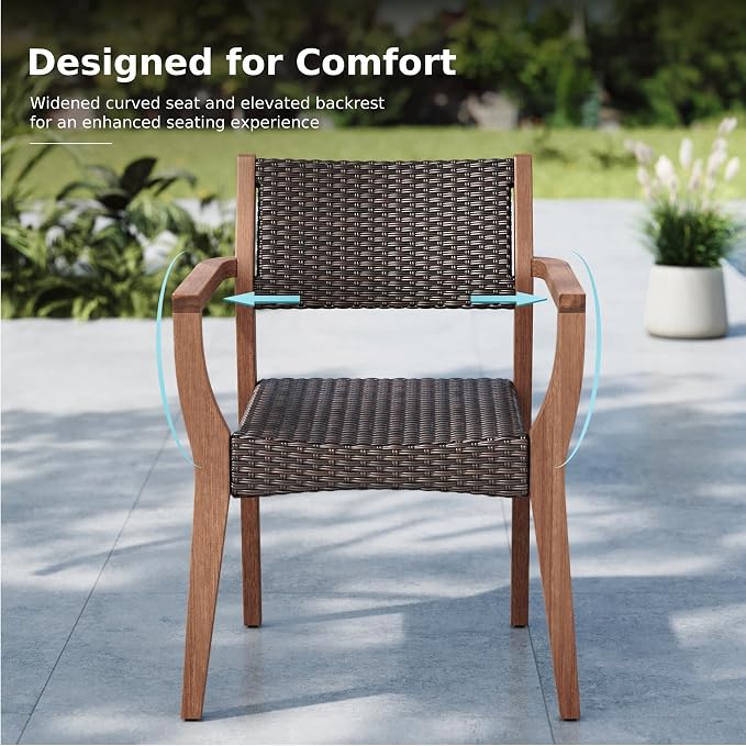 MFSTUDIO Outdoor Patio Chairs Set of 2, Outdoor Teak Wood Chairs for Table, All-Weather Seating Chair w/Wicker Back & Seat, Porch, Backyard