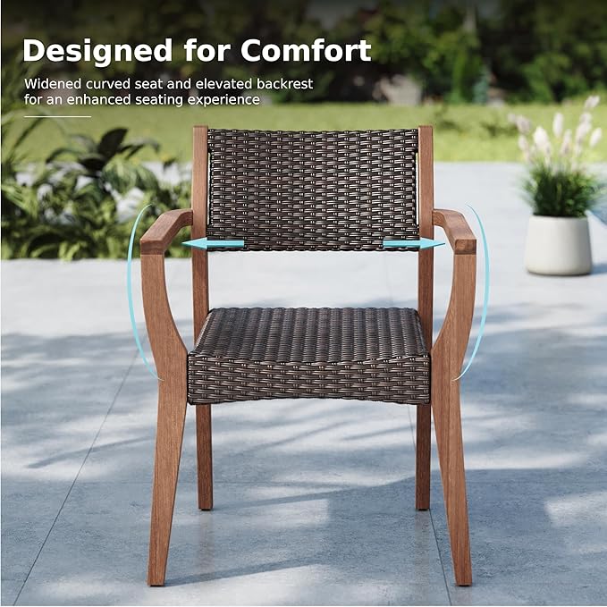 MFSTUDIO Teak Outdoor Dining Set for 6, Outdoor Wood Table and Chairs, Patio Expandable Dining Table with Rattan Chairs, 7 Pieces Wood Outdoor Patio Dining Furniture Set