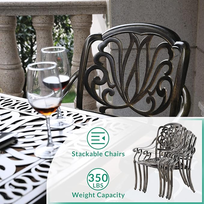 VIVIJASON 5-Piece Outdoor Patio Dining Set, All-Weather Cast Aluminum Conversation Set, Patio Furniture Set for Balcony Lawn Garden, Include 4 Cushioned Chairs, a 35.4" Square Table w/Umbrella Hole
