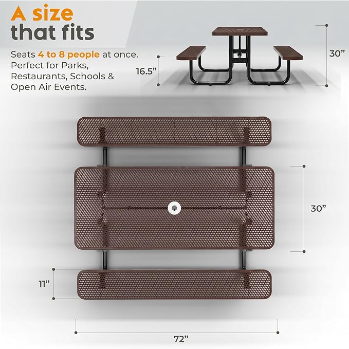 Commercial Heavy-Duty Metal Picnic Table - ADA Compliant, Adjustable Seats, Umbrella Hole, Expanded Metal (Brown, 6' Rectangular)