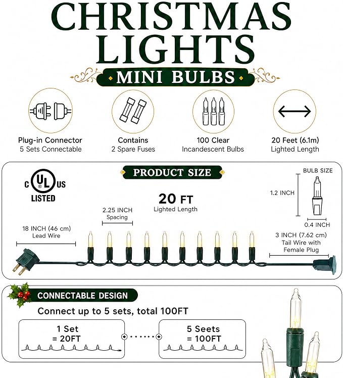 Warm White Christmas Lights, 2 Pack Total 40FT 200 Count Incandescent Christmas Mini Tree String Lights, Waterproof Christmas Decorations for Outdoor Indoor Xmas Patio Home Party Garden Yard Decor