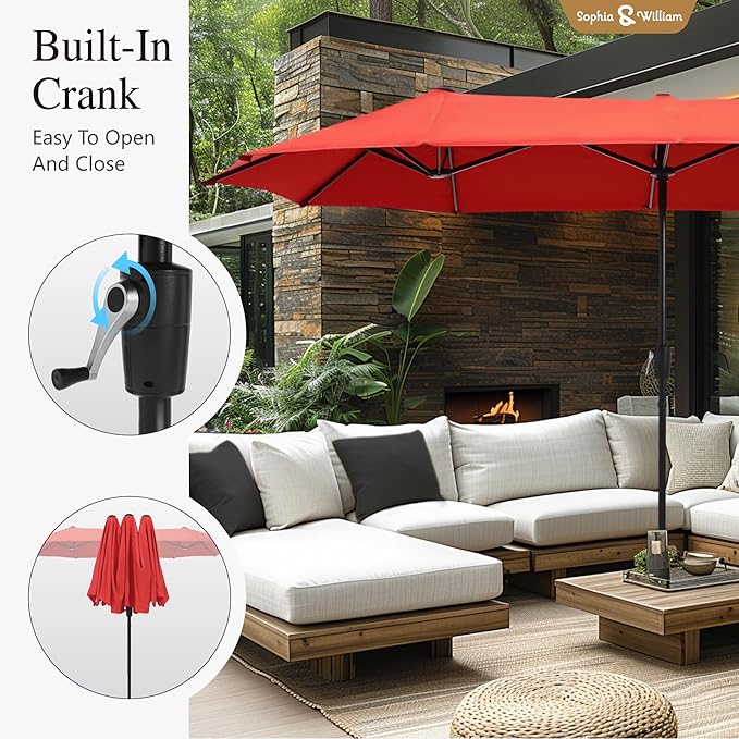 Sophia & William Patio Set with Umbrella Outdoor Dining Set for 6 with 13ft Umbrella Orange Red, 6 x Patio Chairs Brown, 1 Wood Like Outdoor Dining Table for Deck Lawn Garden (No Umbrella Base)