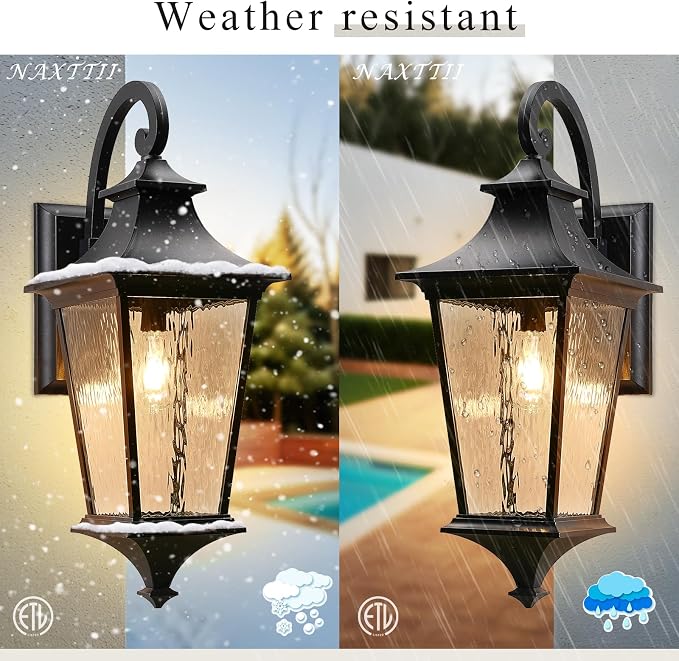 Black Outdoor Wall Light 29.3 Inch Large Aluminum Exterior Lighting Fixtures with Water Ripple Glass Waterproof Porch Lights Outdoor for Patio Doorway E26 Socket