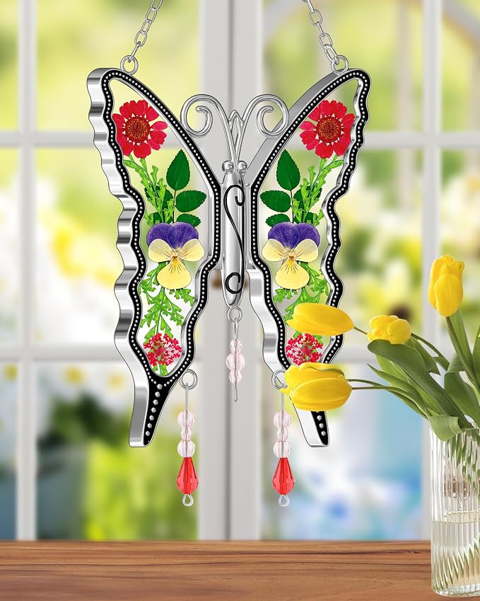 KY&BOSAM Pressed Flowers Butterfly Suncatcher Stained Glass Window Hanging | DIY Gift for Women Wind Chimes Ornament,Metal Frame & Dried Flowers in Glass,Mothers Day Gifts for Mom,Birthday,Christmas