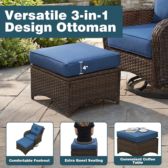 Luxury Patio Conversation Set, 12-Piece Ergonomic High Back Wicker Sofa&Swivel Chair Set with 6-Inch Deep Seating Cushions, Large Patio Furniture Set for Garden, Deck & Balcony, Navy Blue