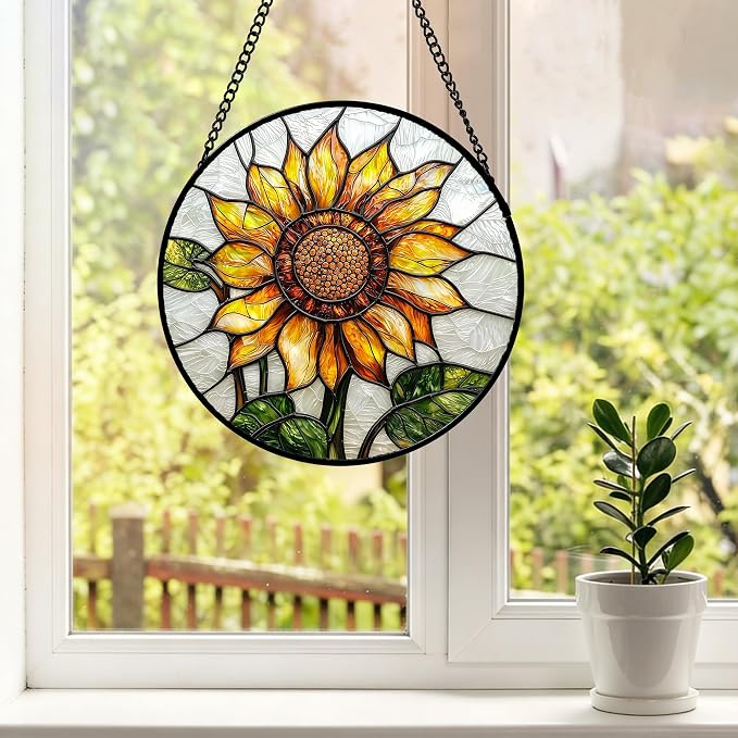 DASTOLL Stained Glass Window Hanging - Sunflower Flower Suncatcher Ready to Hang Window Doors Home Decoration and Christmas, Mother's Day Birthday Gifts for Women, Men, and Mom 11.8x11.8 in