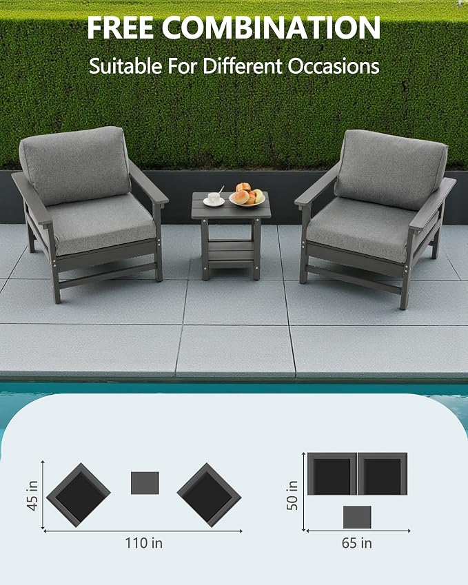 HDPE Outdoor Patio Chair Set with Cushions, 3-Piece Armchair Conversation Set with 2 Weatherproof Armchairs and Side Table, All-Weather Waterproof Deck Chairs for Garden, Porch, Balcony & Backyard