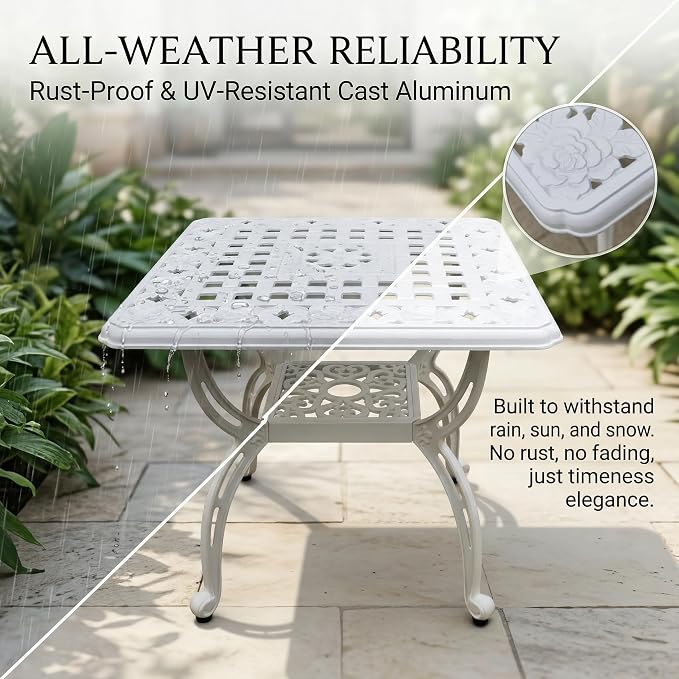 Square Outdoor Coffee Table, Cast Aluminum Side Table with Storage,Indoor End Table, All-Weather Bistro Table for Patio Garden Lawn,White