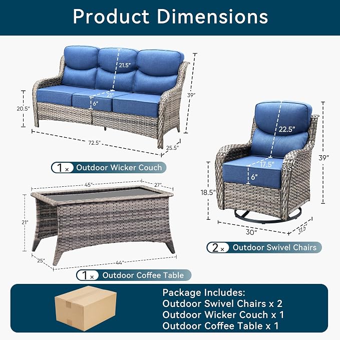 Luxury 4 Pieces Patio Furniture Set-Outdoor Swivel Rocker Patio Chairs with 6" Extra Thick Cushions, High Back Outdoor Couch and Coffee Table, Wicker Conversation Sets for Porch Deck(Grey/Blue)