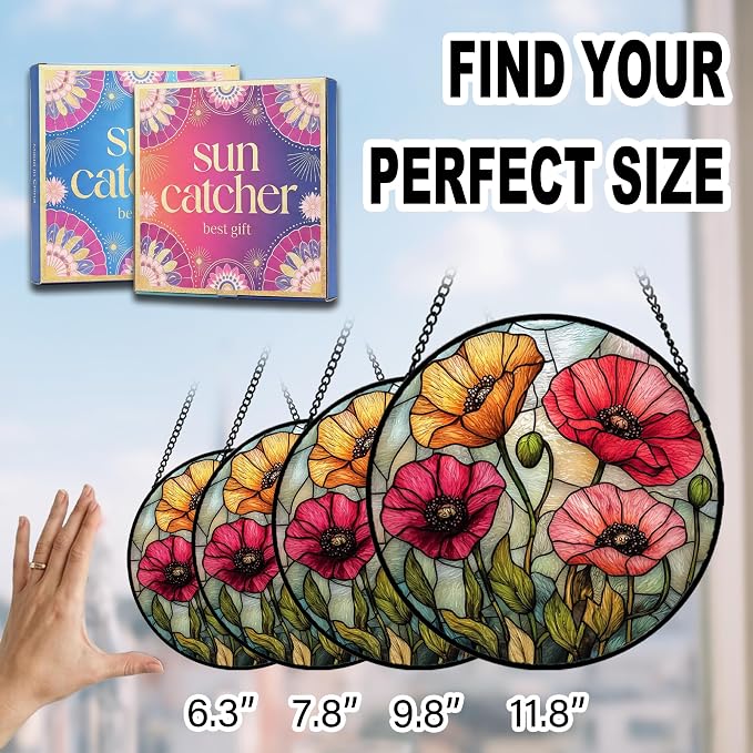 Floral Theme Gifts for Mom - Poppy Flower Faux Stained Glass Window Hanging Sun Catcher for Door Garden Acrylic Decor Mother's Day Birthday for Women Nana Friend Men Grandma 9.8"